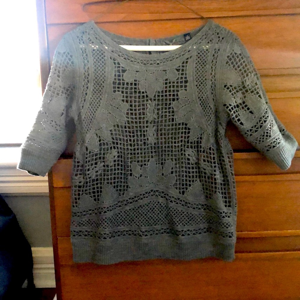 Anthropologie Knitted and Knotted grey crocheted sweater.